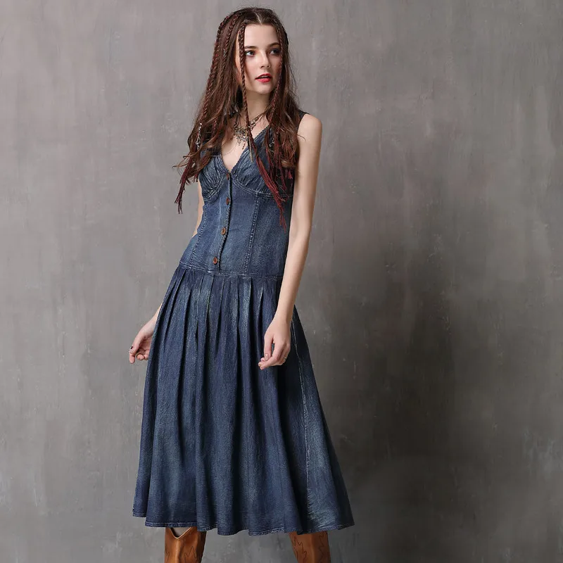 Винтажное летнее платье с глубоким v образным вырезом 2018 Boho новые джинсовые
