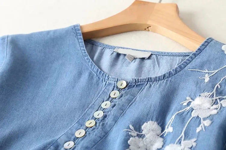 Лето dress женщины о шея с коротким рукавом цветочные вышивка синий тенсел denim dress cheongsam плюс размер повседневная работа платье
