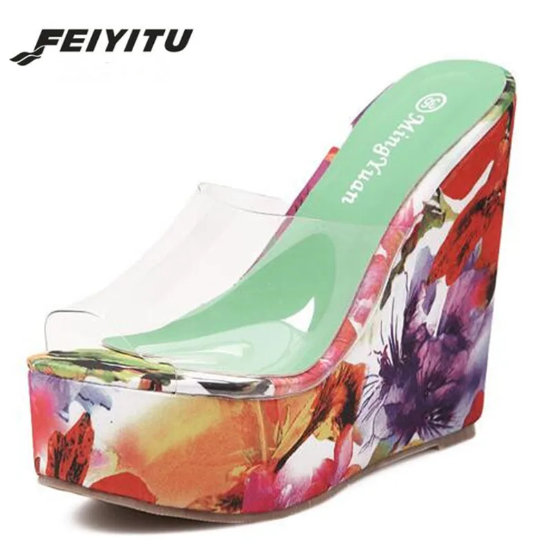 FeiYiTu/летние женские шлепанцы на толстой подошве высоком каблуке кристально