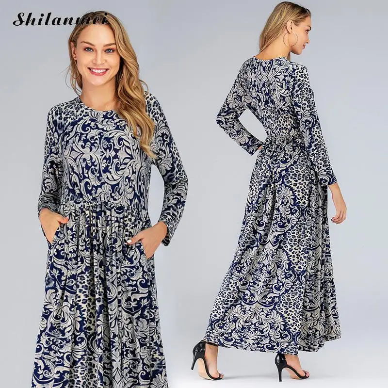 

Vintage Long Sleeve Dress Women Plus Size Casual Maxi Dress Female Elegant Retro Printed Pleated Large Size Vestidos 5XL 6XL