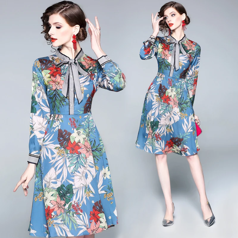 Trytree 2019 лето осень повседневное Элегантное синее платье с цветочным принтом