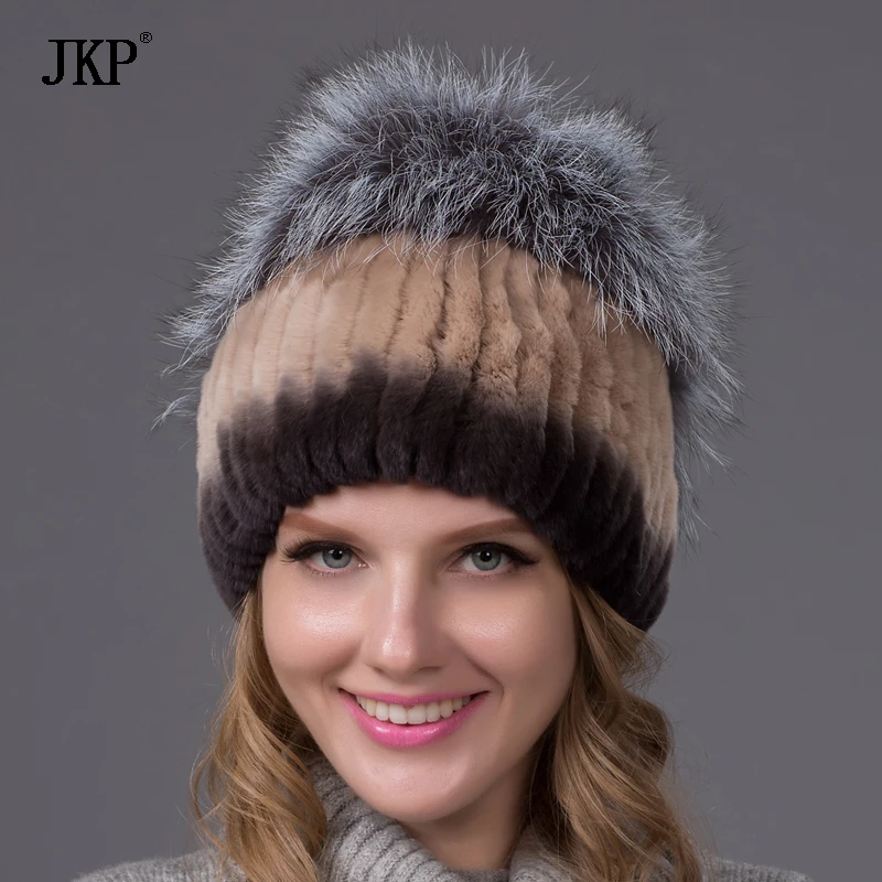 Silver Fox Hair Ball Warm Ladies Rabbit Fur Casual Knitted Hat