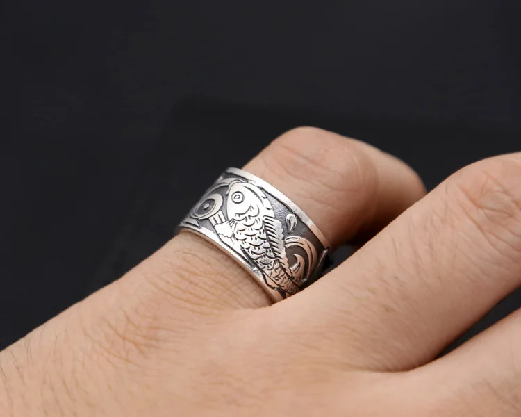 S999 изысканные серебряные ювелирные изделия Серебряное сердце Сутра кольцо Мужская широкая версия Карп хвост кольцо ретро тайские серебряные кольца