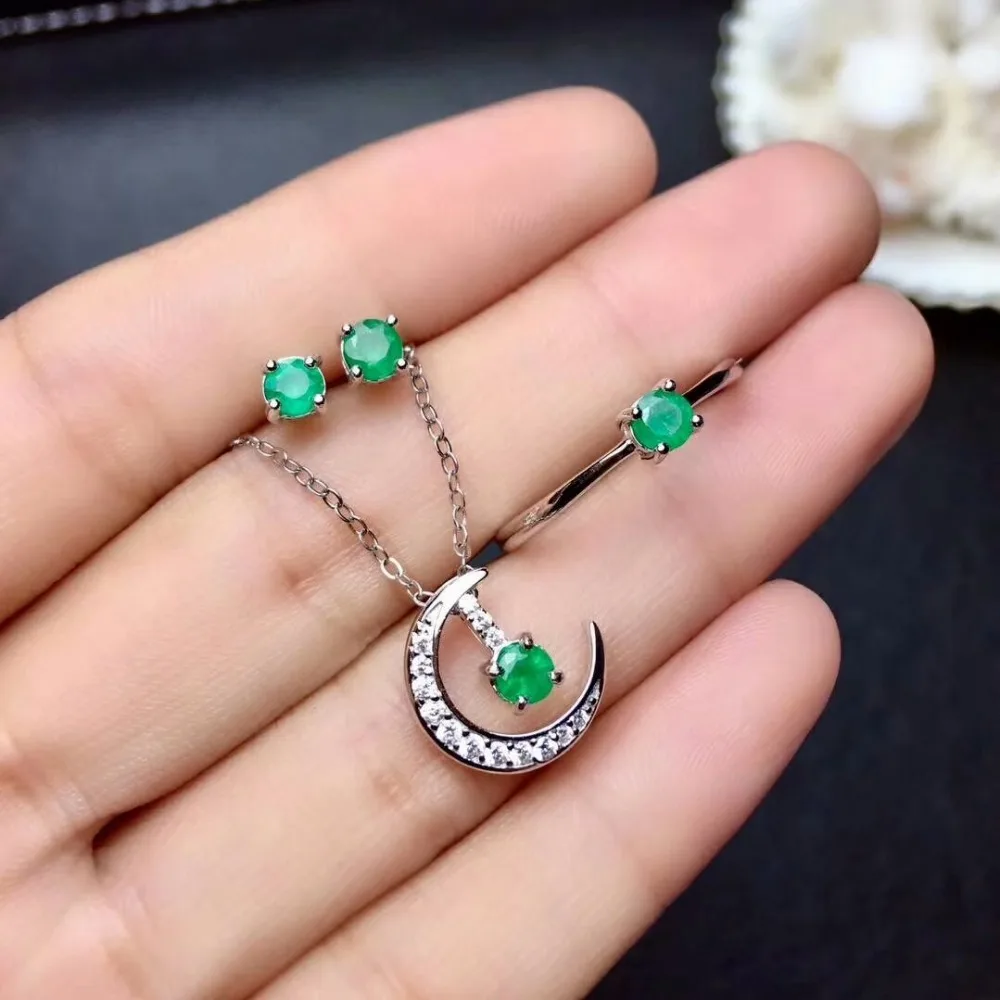 

SHILOVEM 925 sterling silver Natural Emerald rings pendants stud earrings classic fine Jewelry wedding women new mtz040402agml