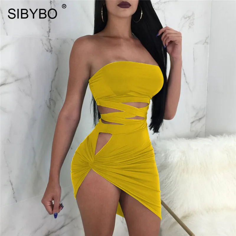 Цвет: желтый Sibybo, сексуальное Бандажное платье без бретелек с открытыми плечами, женское платье без рукавов, Асимметричное мини-платье, летнее женское платье для ночного клуба, вечерние женские платья - Цвет: Цвет: желтый