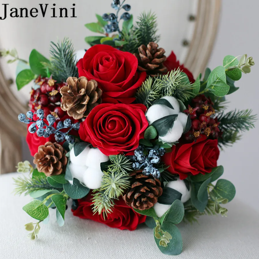JaneVini Vintage Red Silk Flower Bouquet Boho Bridal Bouquets Artificial Cotton Pine Cone Flowers for Wedding Bridesmaid |