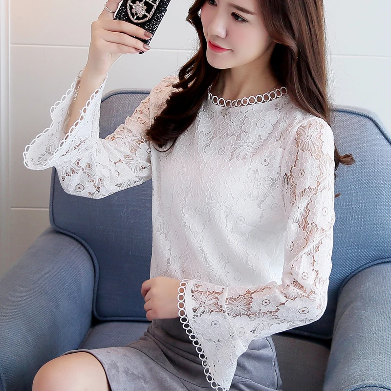 New Fashion Woman Blouses 2018 Lace Long Sleeve Women Tops Solid Simply O Neck Shirt Sweet Floral Feminine Blusas 0702 30 |