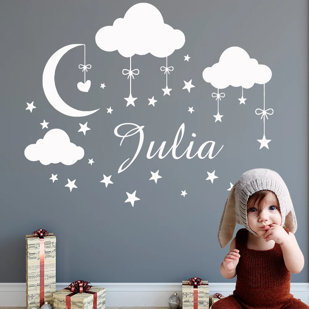 

Personalized Custom Name Cloud Moon Stars Wall Sticker Vinyl Art Decals For Kids Babys Room Decoration Girls Bedroom Decor Mural