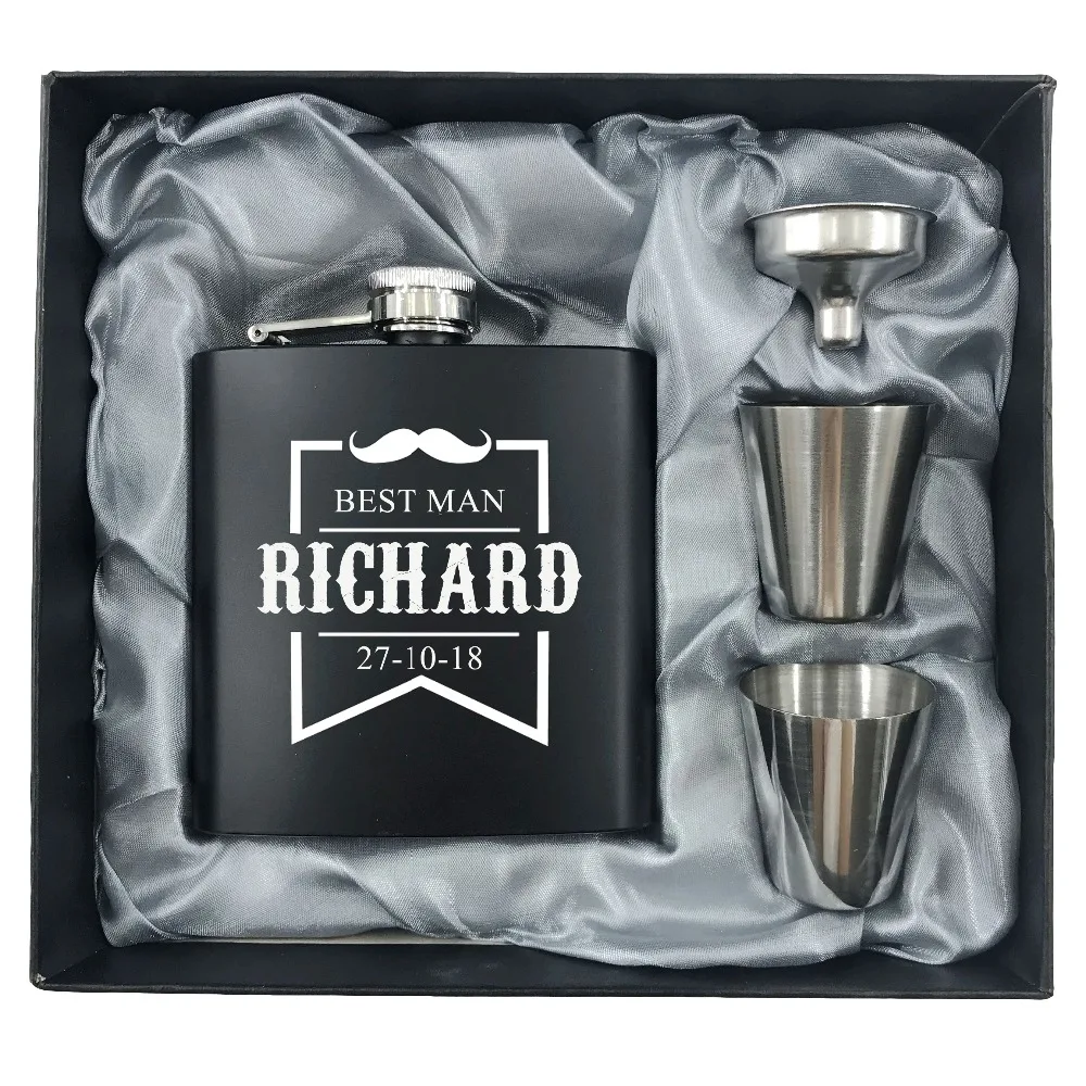 

1 Set Personalized Engraved 6oz Black Stainless Steel Hip Flask With Box Wedding Favors Best Man gift Groom gift Groomsman Gift