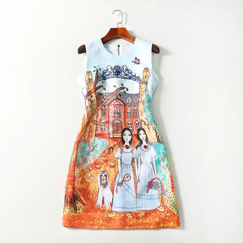 Весна-лето 2018 Короткое женское платье с круглым вырезом без рукавов принтом