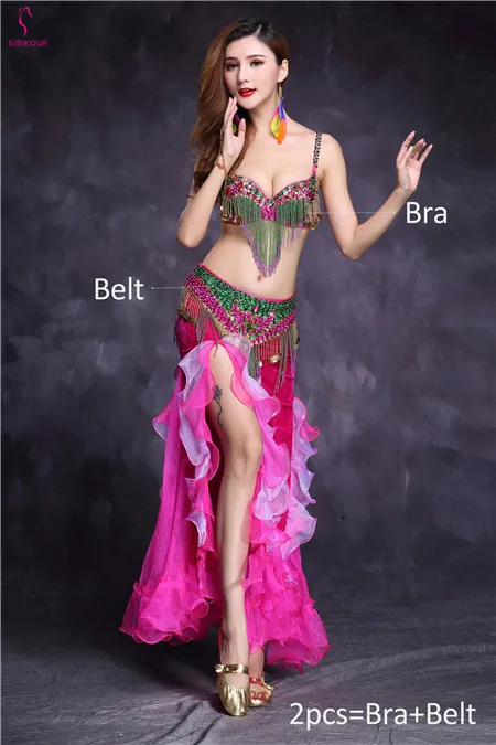 Rose Red 2pcs New Design Bellydance Costume For Women Belly Dancing Clothes Belly dance Skirt Oriental Bollywood Bra Belt Dress Set Adult - Цвет: Rose Red 2pcs