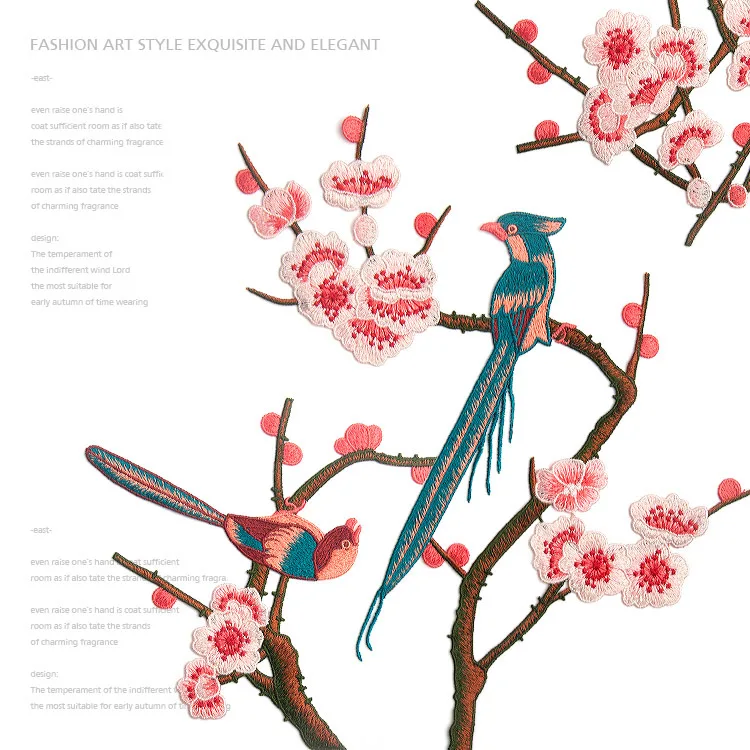 Одежда с цветком сливы и птицами Нашивки вышивкой Кружевные вставки мотивы