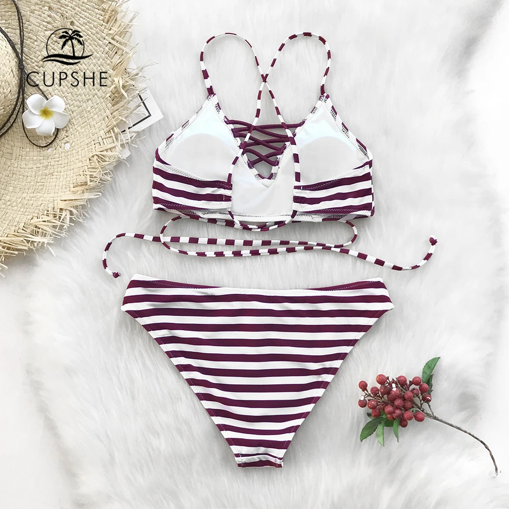Женский купальник-бикини CUPSHE фиолетовый с белыми полосками и перекрестными