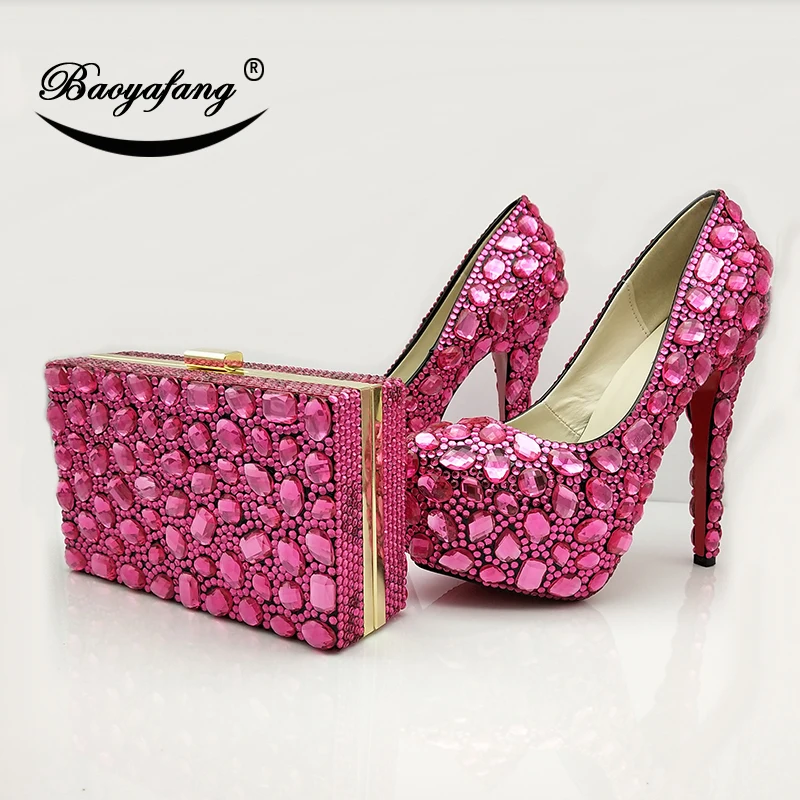 

BaoYaFang New Fuschia Crystal Women Wedding shoes Bride High heel platform shoes with matching bags Bridal Party shoes and bags