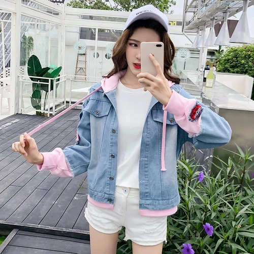 

Korean Patchwork Loose Denim Jacket Casual Casaco Feminino Hooded Embroidery Woman Bikers Preppy Style Coats