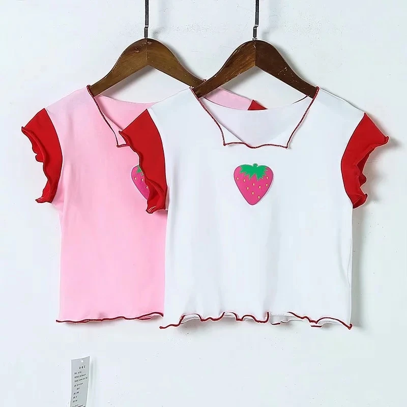 Женская укороченная Футболка с принтом клубники и оборкой|Футболки| |