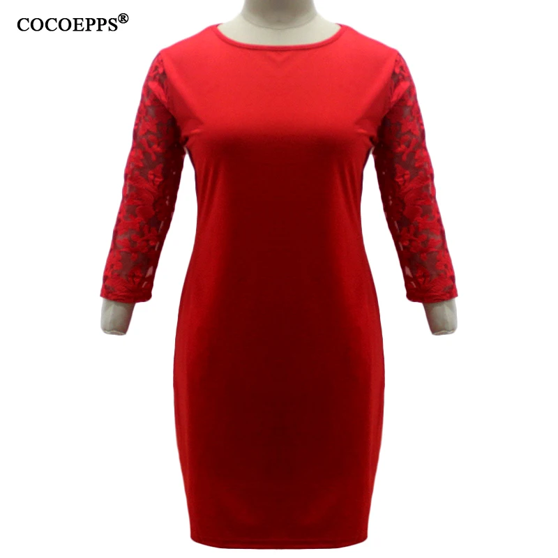 2019 Женская мода Плюс размер Элегантное кружевное платье Осень О Образным Вырезом