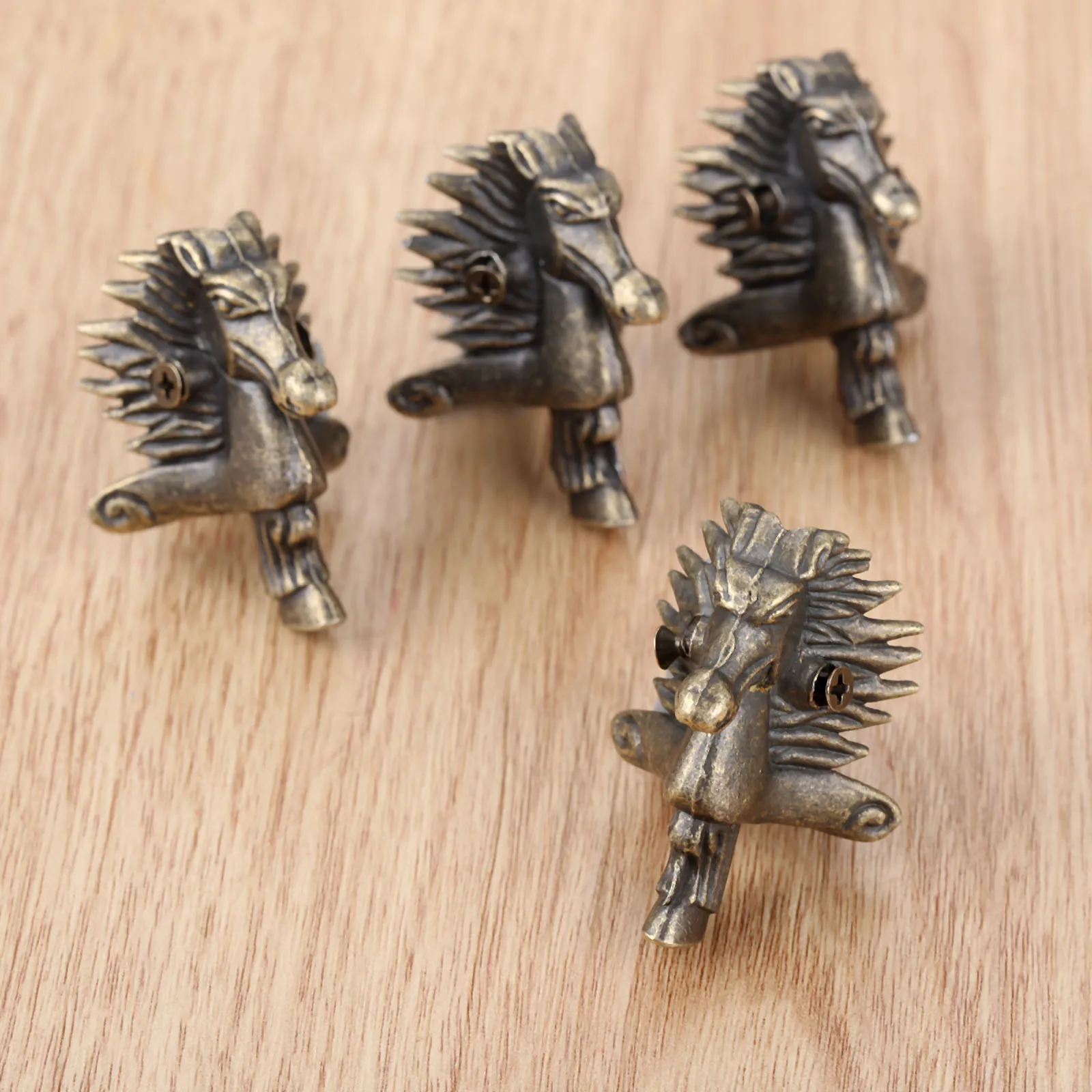 4Pcs Antique Bronze Horse Head Jewelry Gift Box Wood Case Decorative Feet Leg Corner Protector 39*24mm