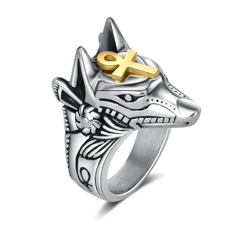 Unisex Personal Self Defense Ring Punk Anubis Egyptian Cross Beast Anti-wolf Finger Titanium Steel Vintage Wolf Rings Gift | Безопасность