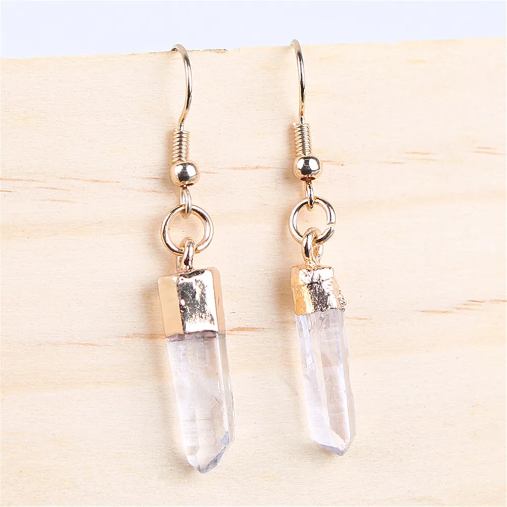 1 Pair Natural Gold Plated Selenite Crystal Blade Earrings Fashion Elongated White Wand |