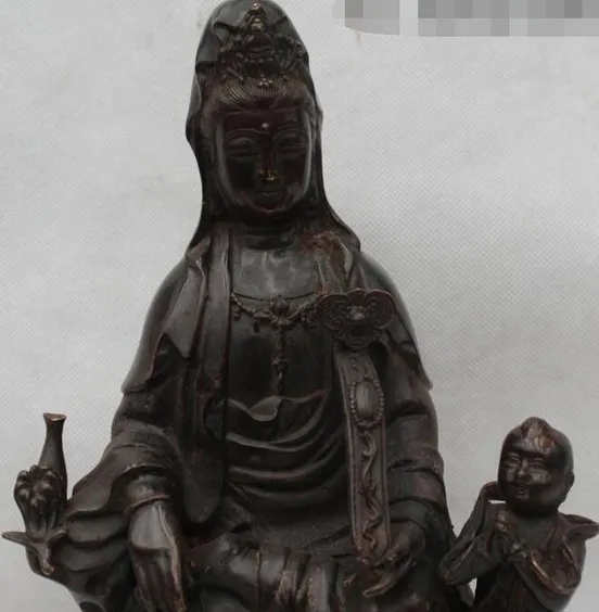 YM 320 12&quot Lucky Chinese Fengshui Bronze Kwan-yin Guan Yin Goddess Bring Kid Boy Statue | Дом и сад