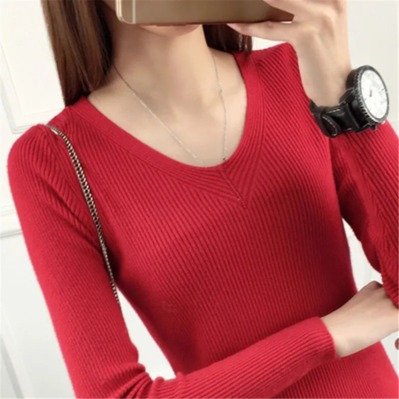 Kumeiya Autumn Slim Sweater Thin V-neck Long Sleeve Solid Black White Knit Shirt Sexy Women Knitted Pullover Jumper | Женская одежда