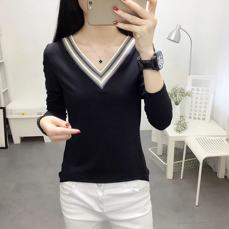 

Vogue V-Neck Tops 2018 Autumn Cotton Tee Shirt Femme T-shirt Patchwork Long Sleeve Women T Shirt Plus Size Korean Kawaii Clothes