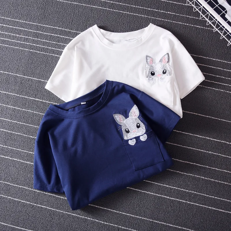 Модные женские топы из хлопка и модала Harajuku, футболка с вышитым карманом Rabit и круглым вырезом, кавайные летние футболки, футболка с изображением кролика, мягкая тонкая футболка