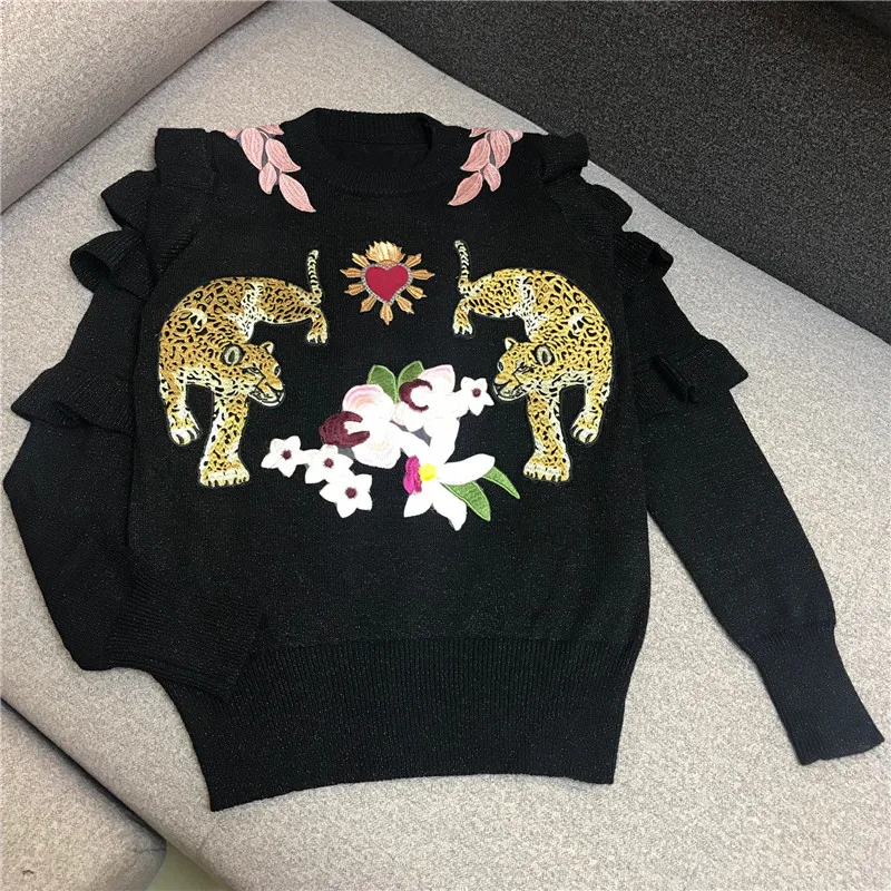 Женский вязаный свитер яркий Шелковый пуловер с цветочной вышивкой и