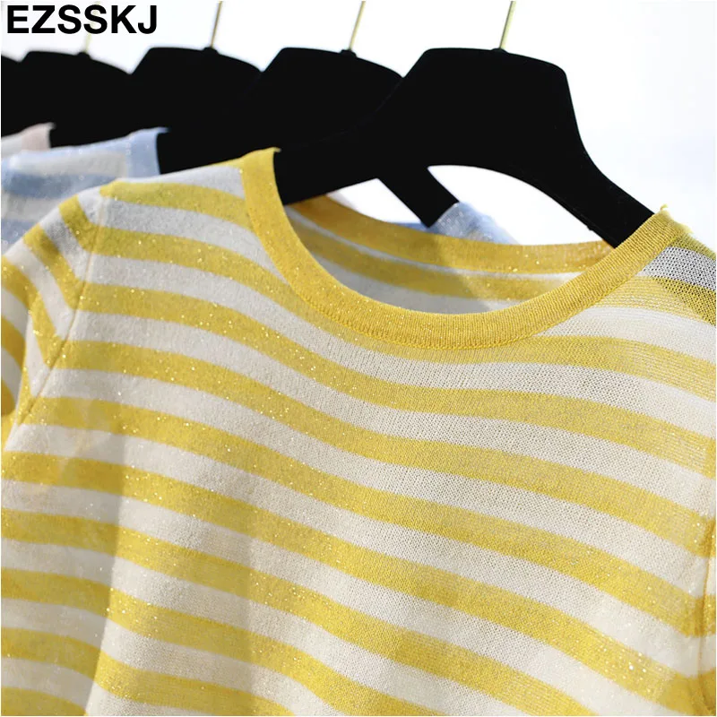 thin summer striped knit t-shirt Women short sleeve T-Shirt bling O-neck cool Glitter Basic t-shirt sexy shiny top