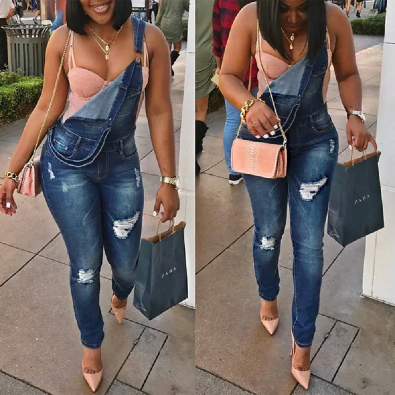 Sexy Women's Denim Hole Jumpsuit Overalls Jeans Long Pants Playsuit Rompers Summer Girl's Tight Slim Trousers Plus Size XXL | Женская