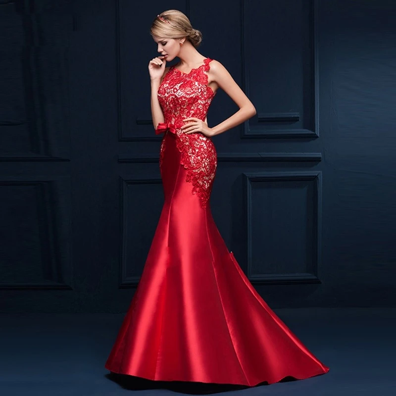 Evening Dress Dressv Scoop Шеи Аппликации Бантом Русалка Длинное Вечернее Красный Рукавов