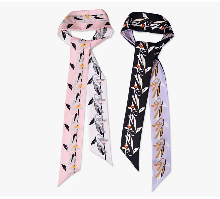 

Lily Print Long Narrow Scarf Natural Silk Choker Lady Headband Bag Hairband Ribbon Scarves multi-function Drop Shipping KZSBD35