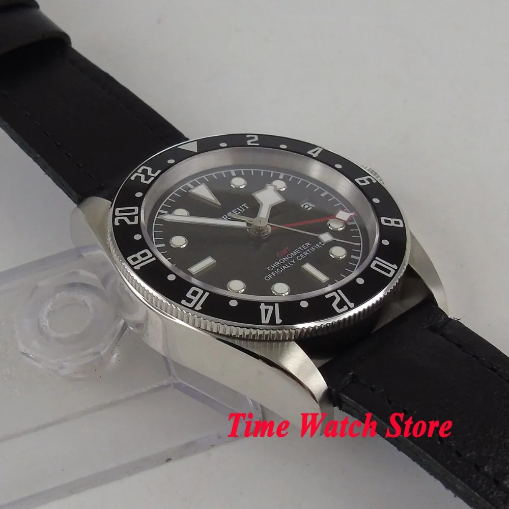 Solid 41mm Corgeut 20ATM mechanical auto watch men GMT waterproof leather strap luminous black dial Bezel sapphire date c116 | Наручные