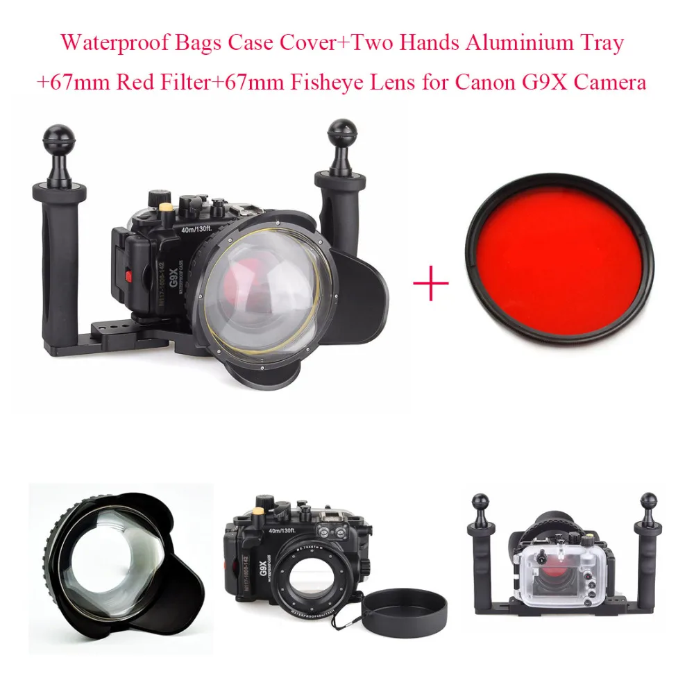 

40m/130ft Underwater Diving Camera Housing Case Cover for Canon G9X+67mm Fisheye Lens+67mm Red Filter+Two Hands Aluminium Tray