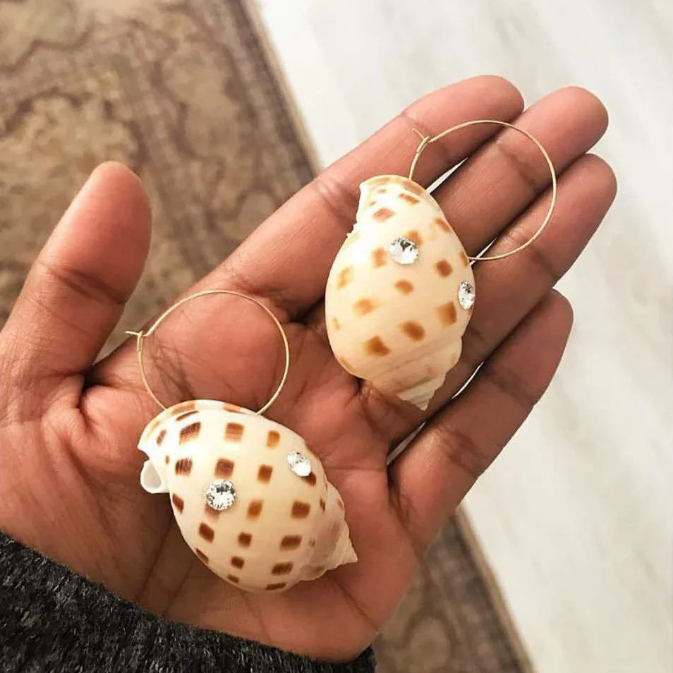Bohemia Conch Alloy Crystal Charm Drop Earrings for Women Vintage Boho Big Natural Sea Pendant Dangle Ear Clip Cuff | Украшения и