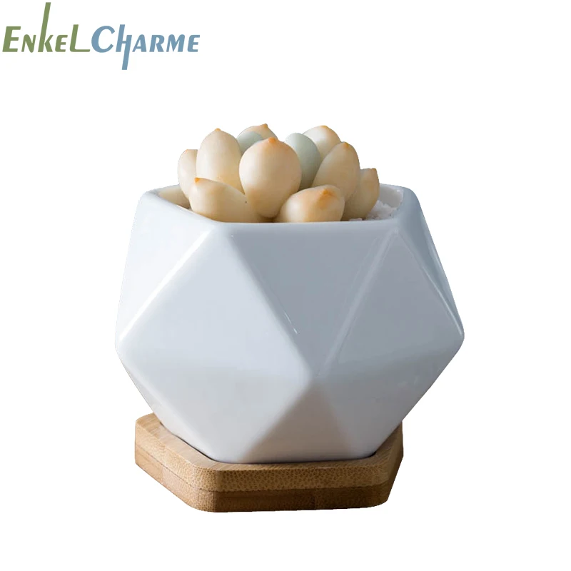 

Modern Geometic Pentagon White Ceramic Bonsai Planter Succulent Flower Pots Bamboo Tray Desktop Decorative Cactus Flowerpot