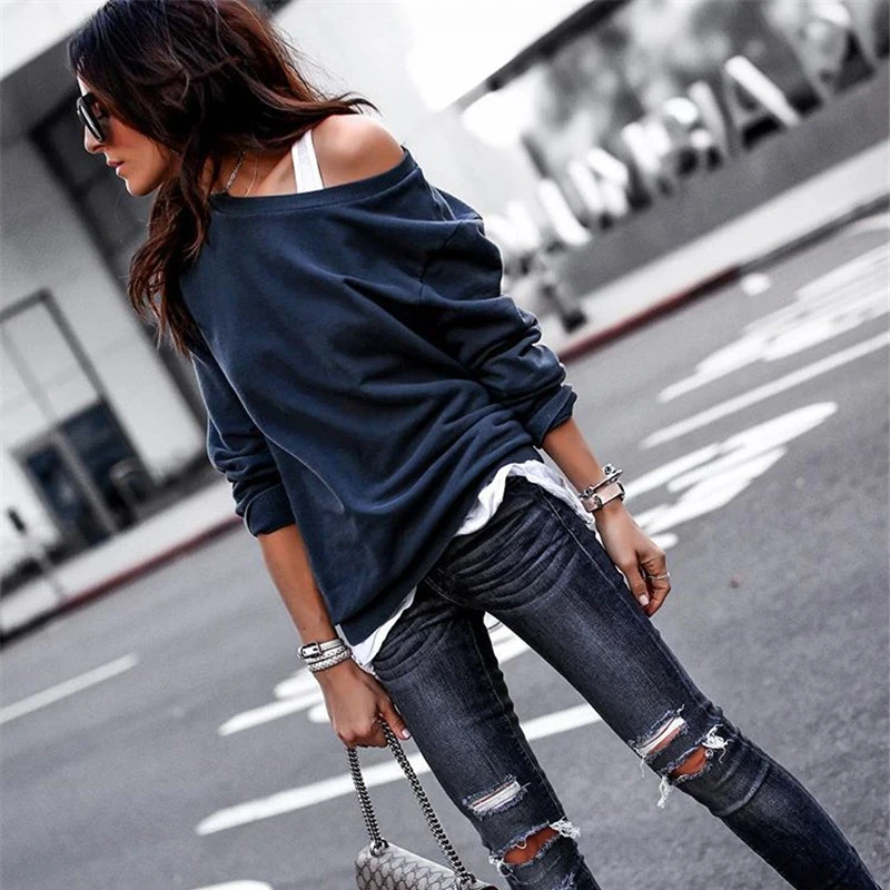 

Sexy One Off Shoulder Hoodies sweatershirt Women Casual Spring autumn solid color pullover Female tops plus size