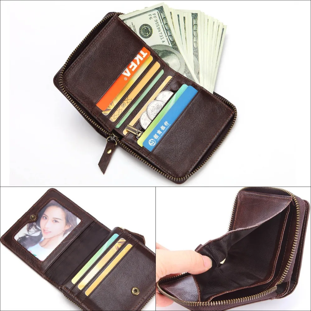 

2019 Wallet Men Vintage 100% Genuine Leather Cowhide Leather Wallet Zip Coin Pocket Portomonee Male Short Purse Card Holder