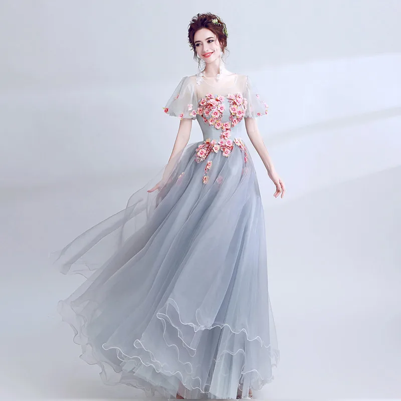 

A-line Short Sleeve Tulle 3D Flowers Appliques Pearls Long Elegant Evening Dresses Bride Banquet Party Prom Dress XK55