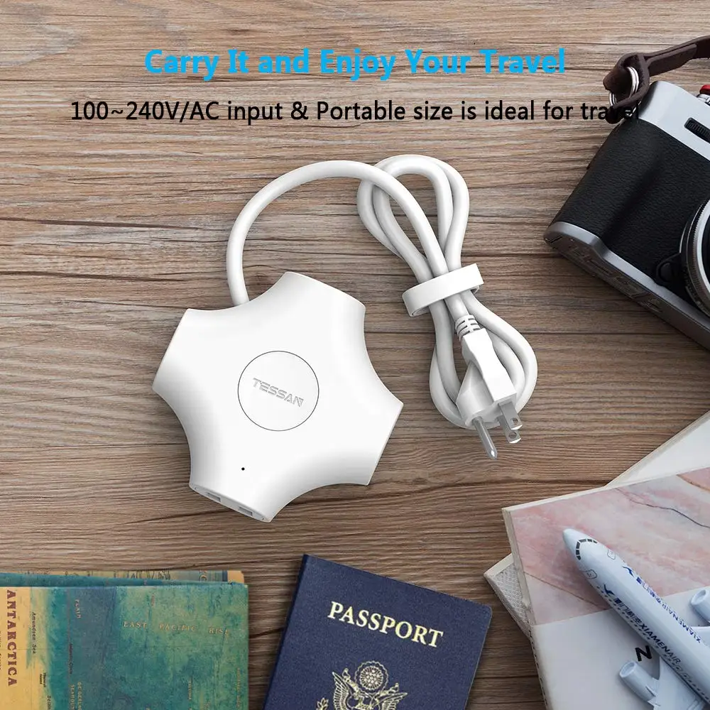 USB сетевой фильтр TESSAN с 3 розетками и 2 портами мини розетка для путешествий 5