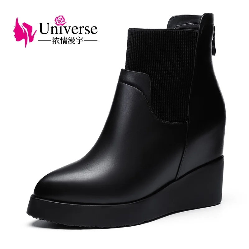 

Universe Wedge Heel Genuine Leather Ankle Boots Warm Short Plush Insole Solid Rubber Black Winter Boots Women Shoes C198
