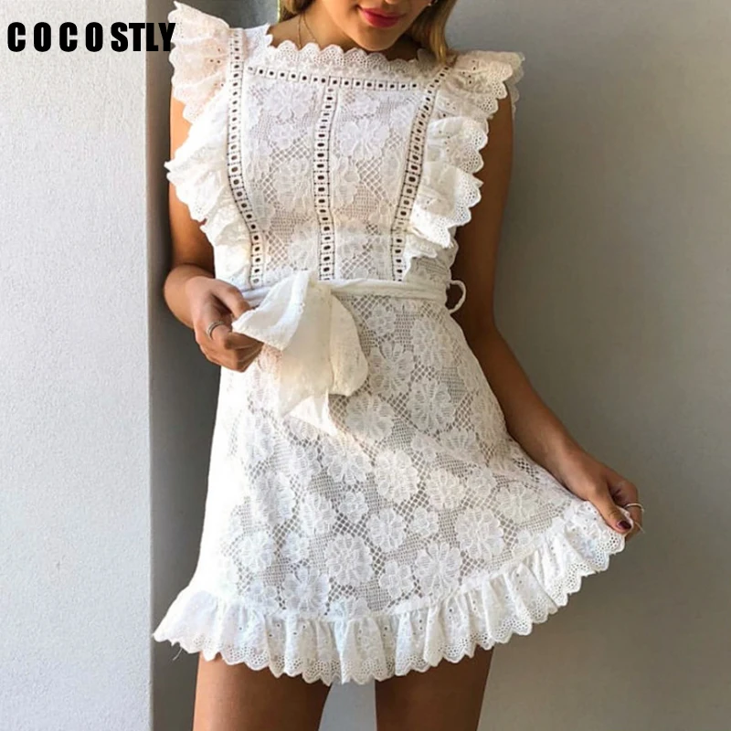 Женское кружевное платье без рукавов повседневное белое с вышивкой лето
