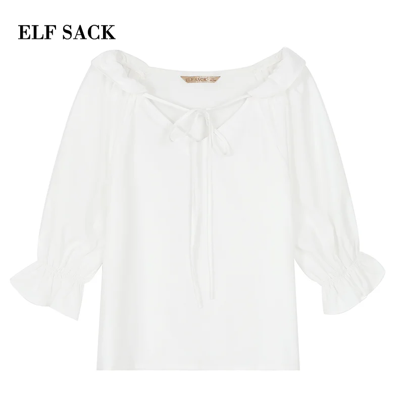 Женская блузка ELFSACK однотонная с бантом треугольным вырезом и рукавом-бабочкой |
