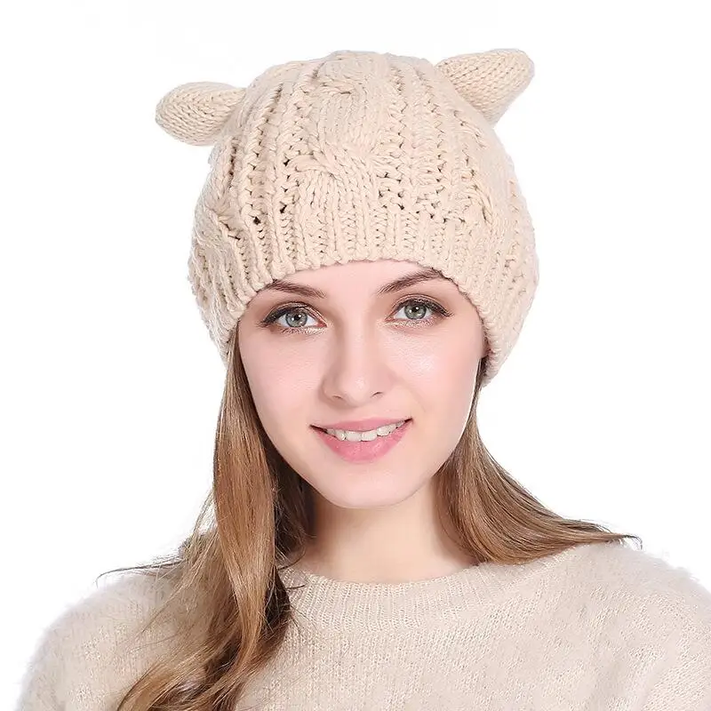 

Pink Knitted Autumn Winter Women Beanies Hat With Cute Cat Ears Warm Solid Female Skullies Cap Girls Warmer Hat Bonnet Hats