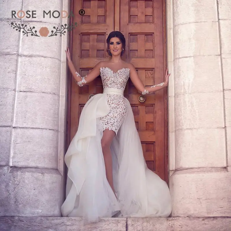 Розовое свадебное платье короткое Кружевное Свадебное с длинными рукавами и