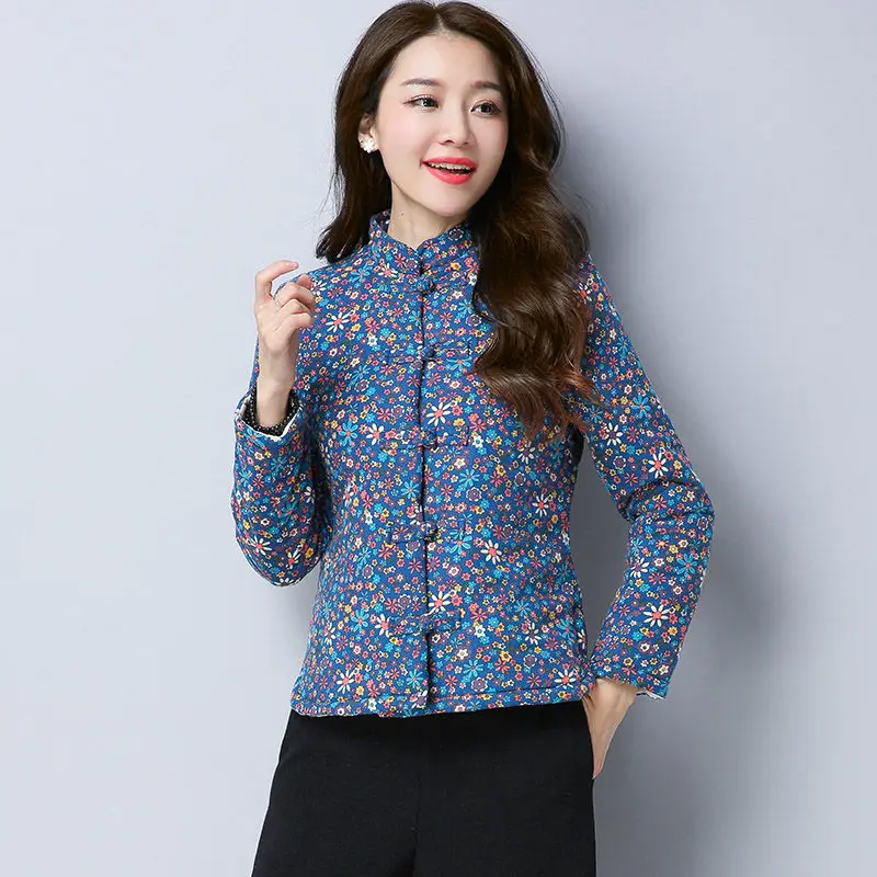 Куртка женская осенне-зимняя однобортная с цветочным принтом длинным рукавом f1231