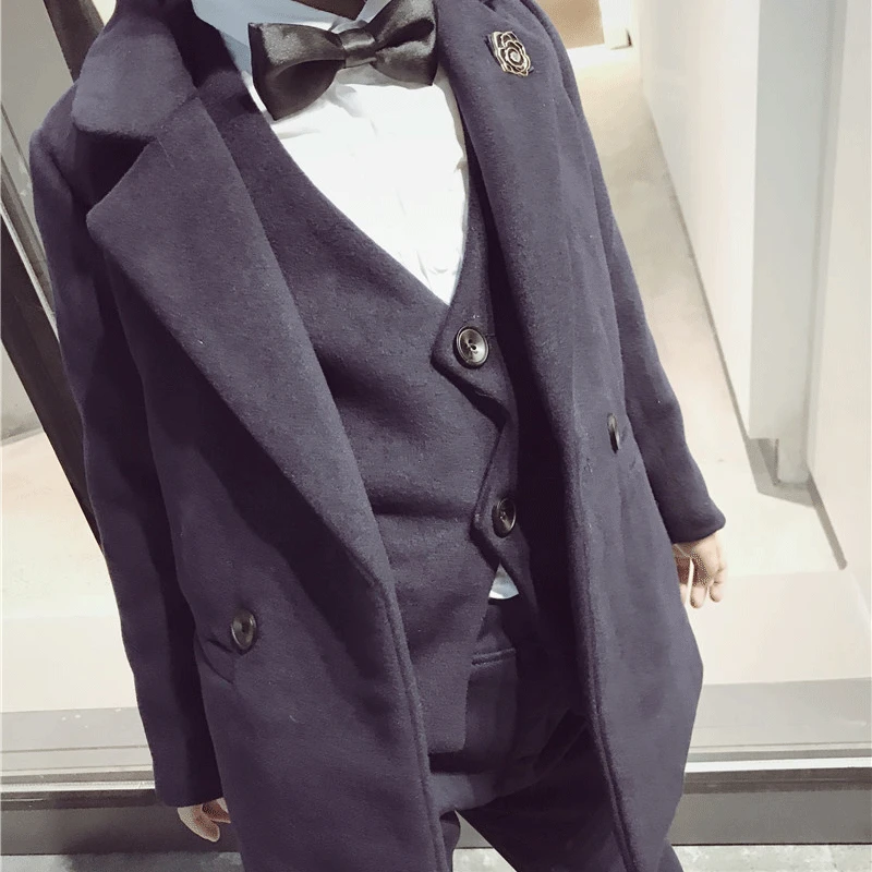 3 sets of children's clothing winter boy's 2019 new product plus cotton woolen long coat vest pants three-piece |