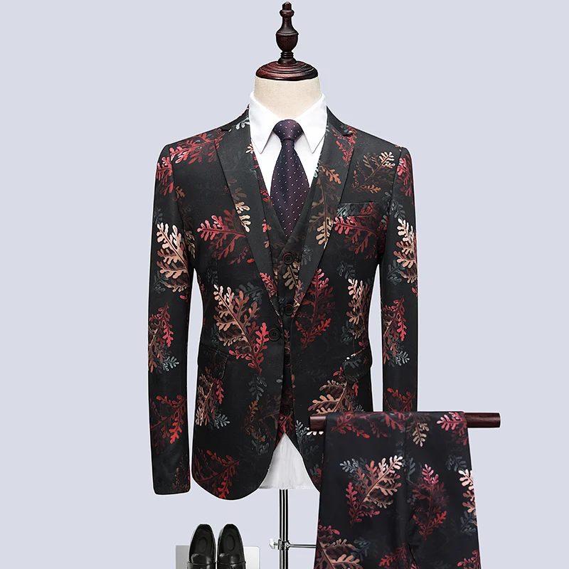 

(Jacket+Vest+Pants) 2018 Leaf pattern Host dress Men Suits Fashion Party dresses Men's Slim Fit business men Wedding suit