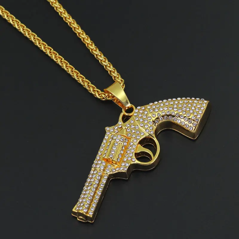 revolving pistol Bling bling AK-47 вращающийся пистолет-Пистолет Хип-хоп золото серебро кристалл кулон ожерелье, Льдом Из кубинской цепи ювелирные изделия - Окраска металла: revolving pistol